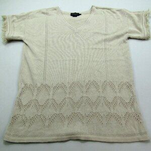 Pendleton Shirt Womens Small Tan Beige Fringe V-Neck Cottagecore Coastal Grandma